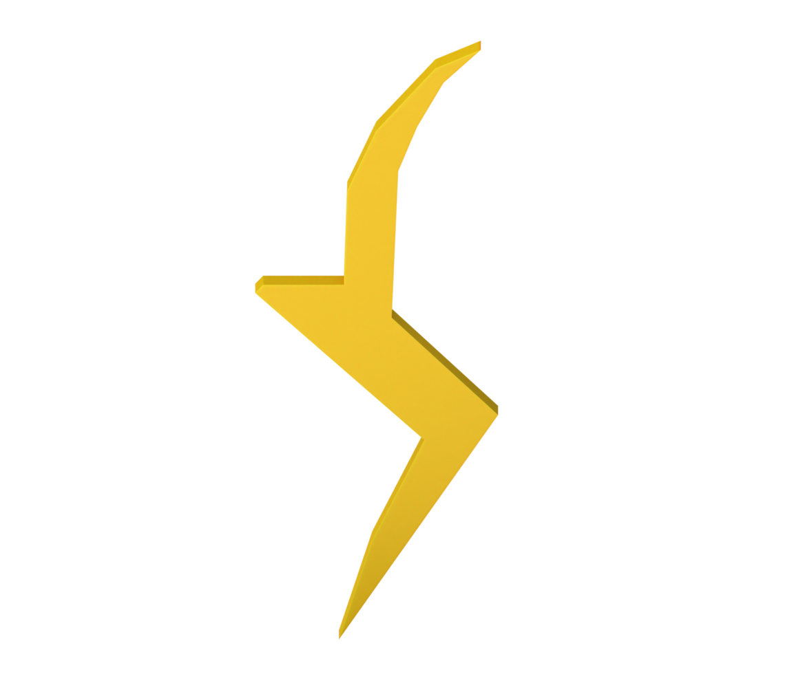 3D illustration image of yellow lightning, facing forward png