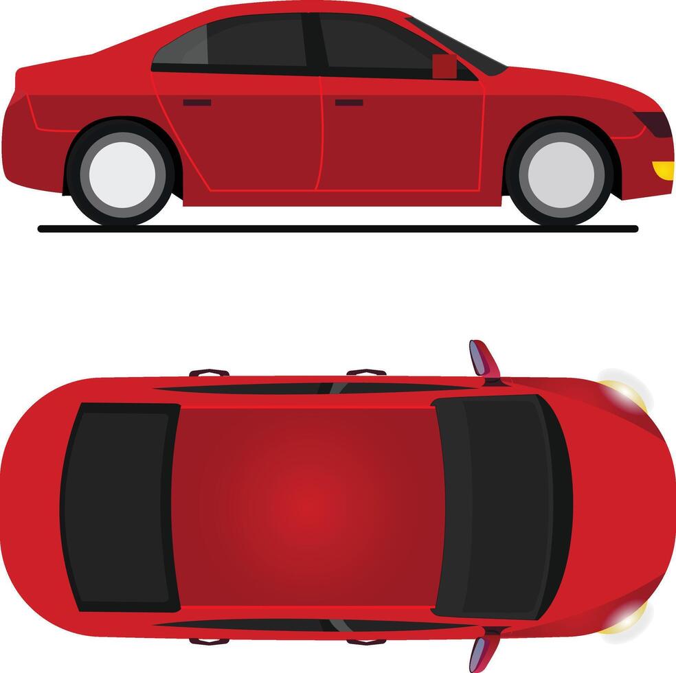 a red sedan car in side and top view flat illustration vector