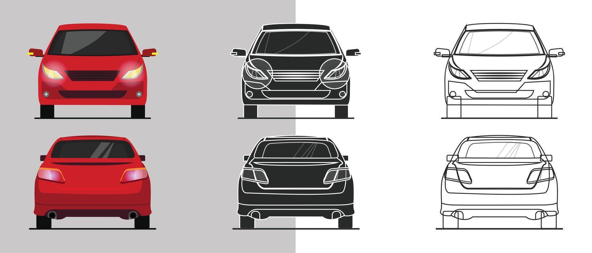 a red sedan car in front and back view flat illustration, silhouette, line art vector