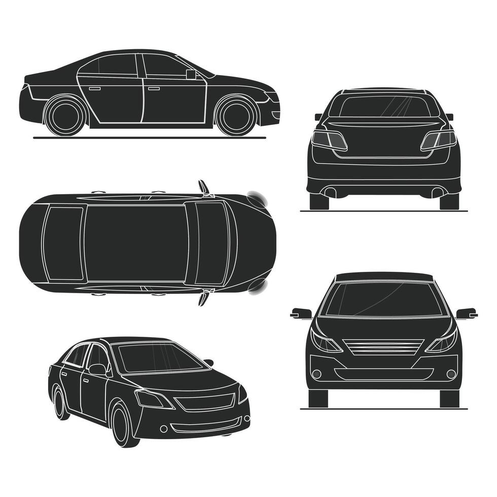 silhouette car in different view. Side, front, back and top view. silhouette flat illustration vector