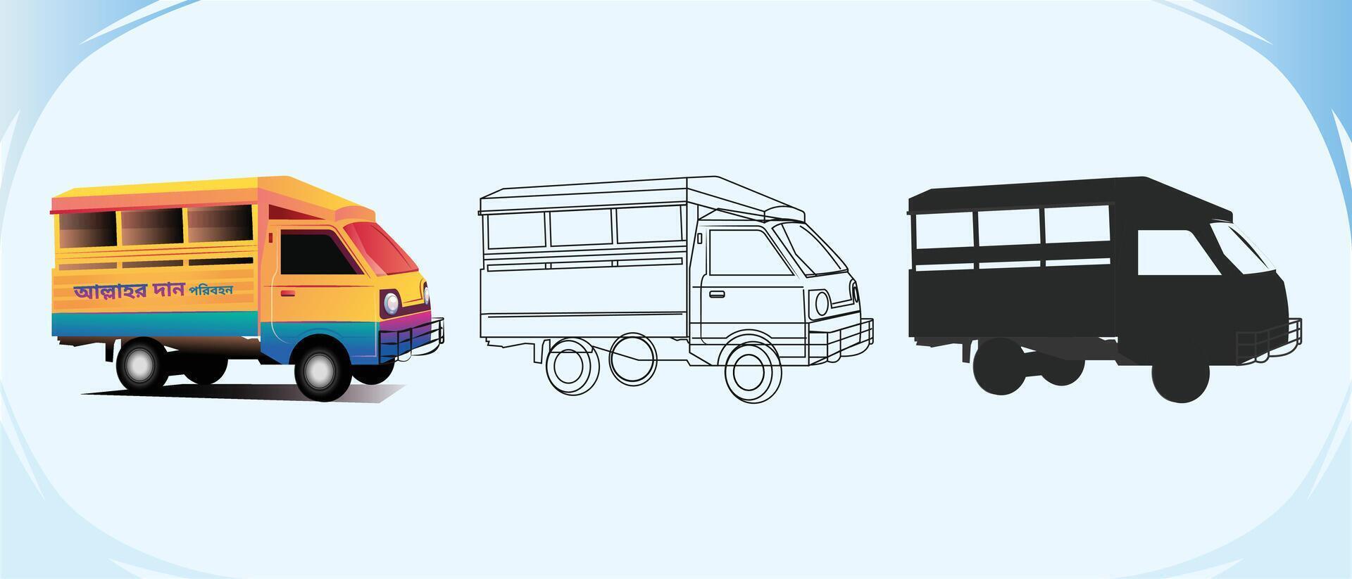 Transportation In Dhaka called tempo or leguna, silhouette, line art vector