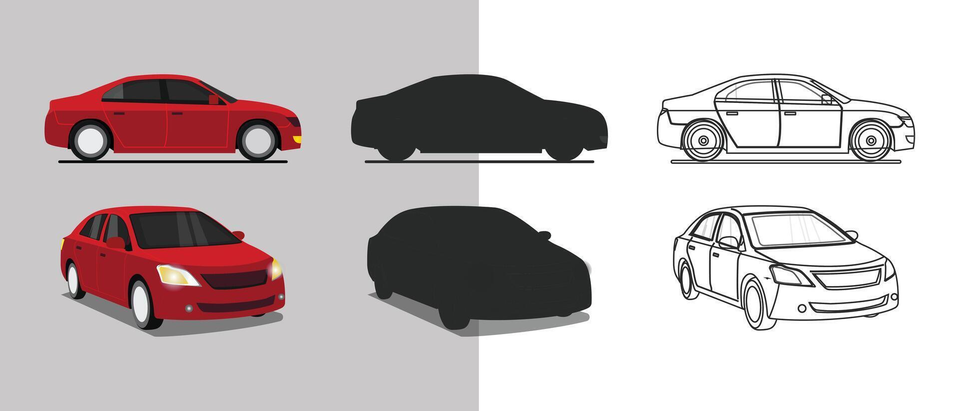 a red sedan car in side and front view flat illustration, silhouette, line art vector