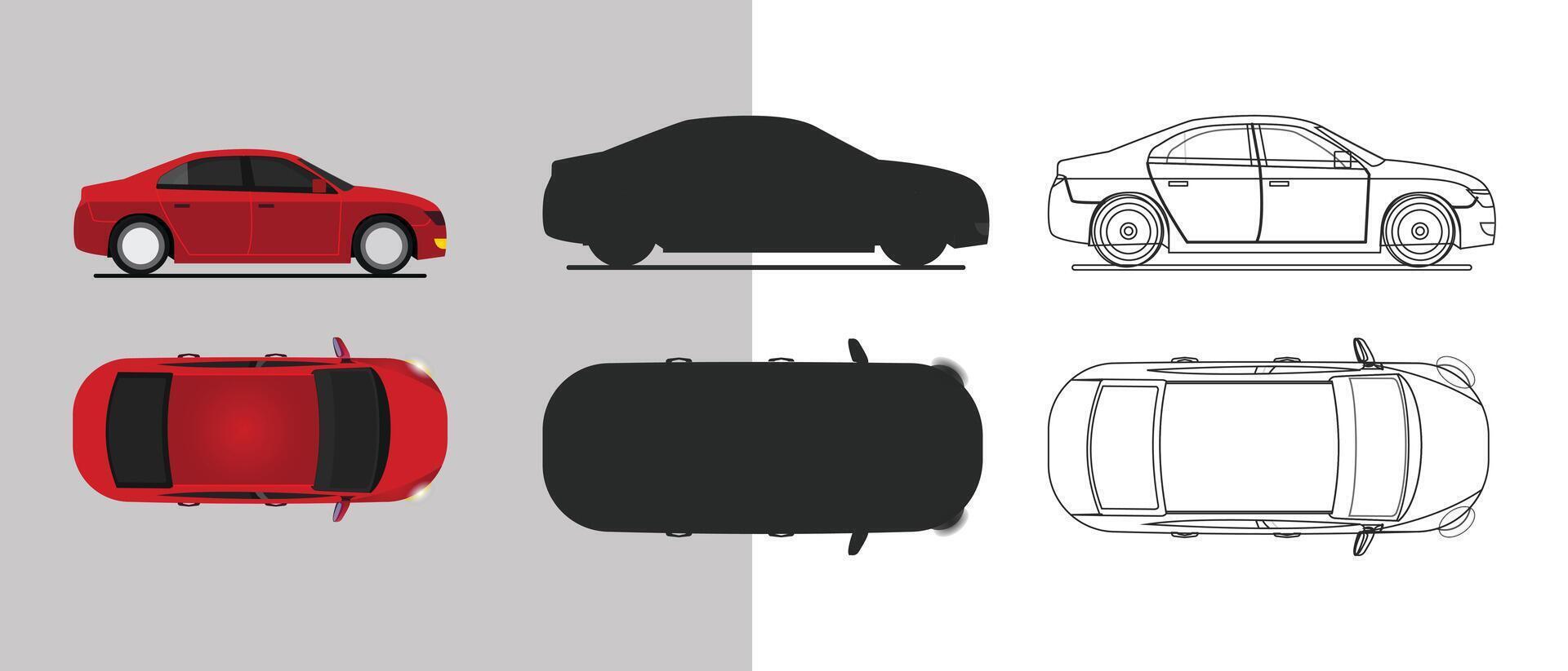 car in different view Side front back and top view silhouette flat illustration vector