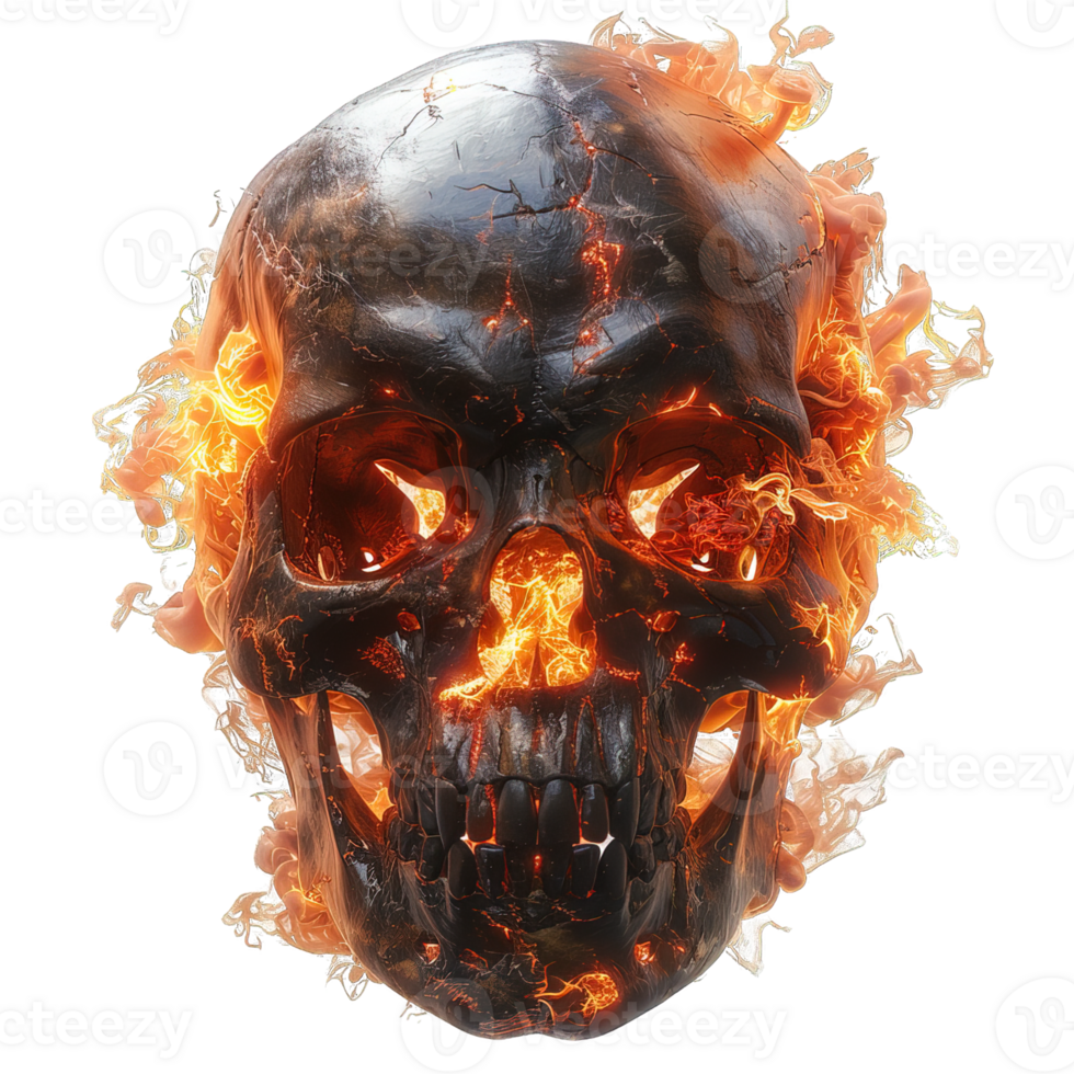 fiery skull isolated on transparent background ,skull with fire effect, png