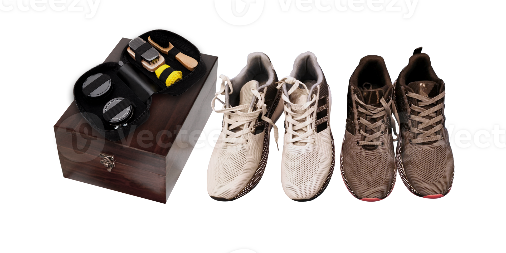 Stylish sneakers and a set of shoe care products kit. Shoes care concept. png
