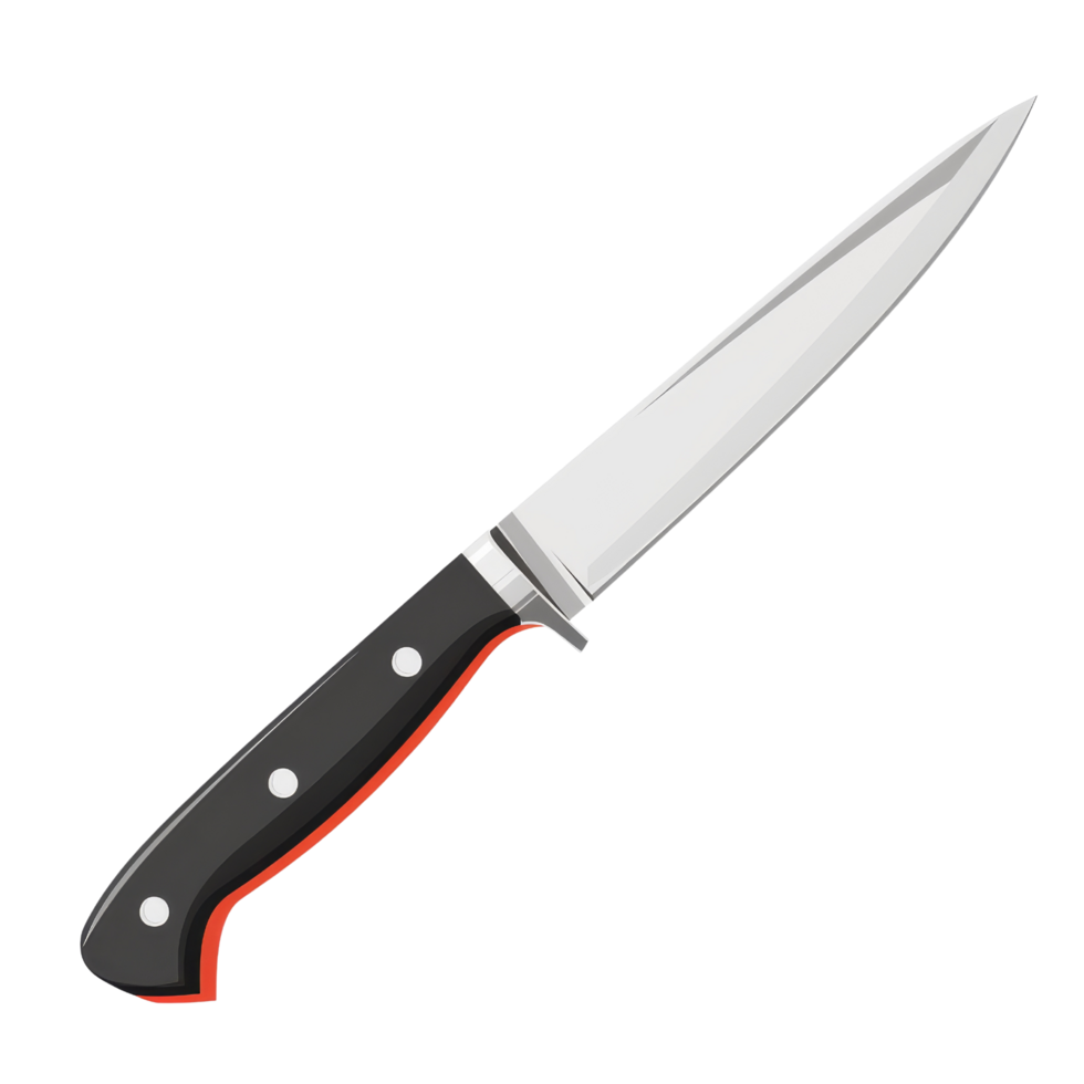 Sharp stainless steel hunting or fishing knife with black and orange handle, isolated on transparent background. Concept of camping, survival, adventure, cooking, and outdoor gear. png