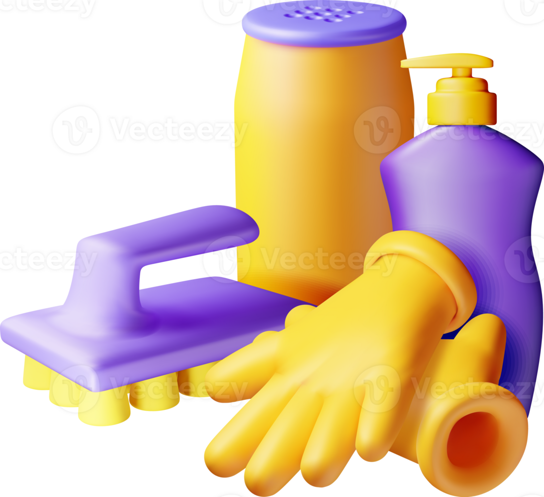 3D bottle of detergent, sponge and rubber gloves png