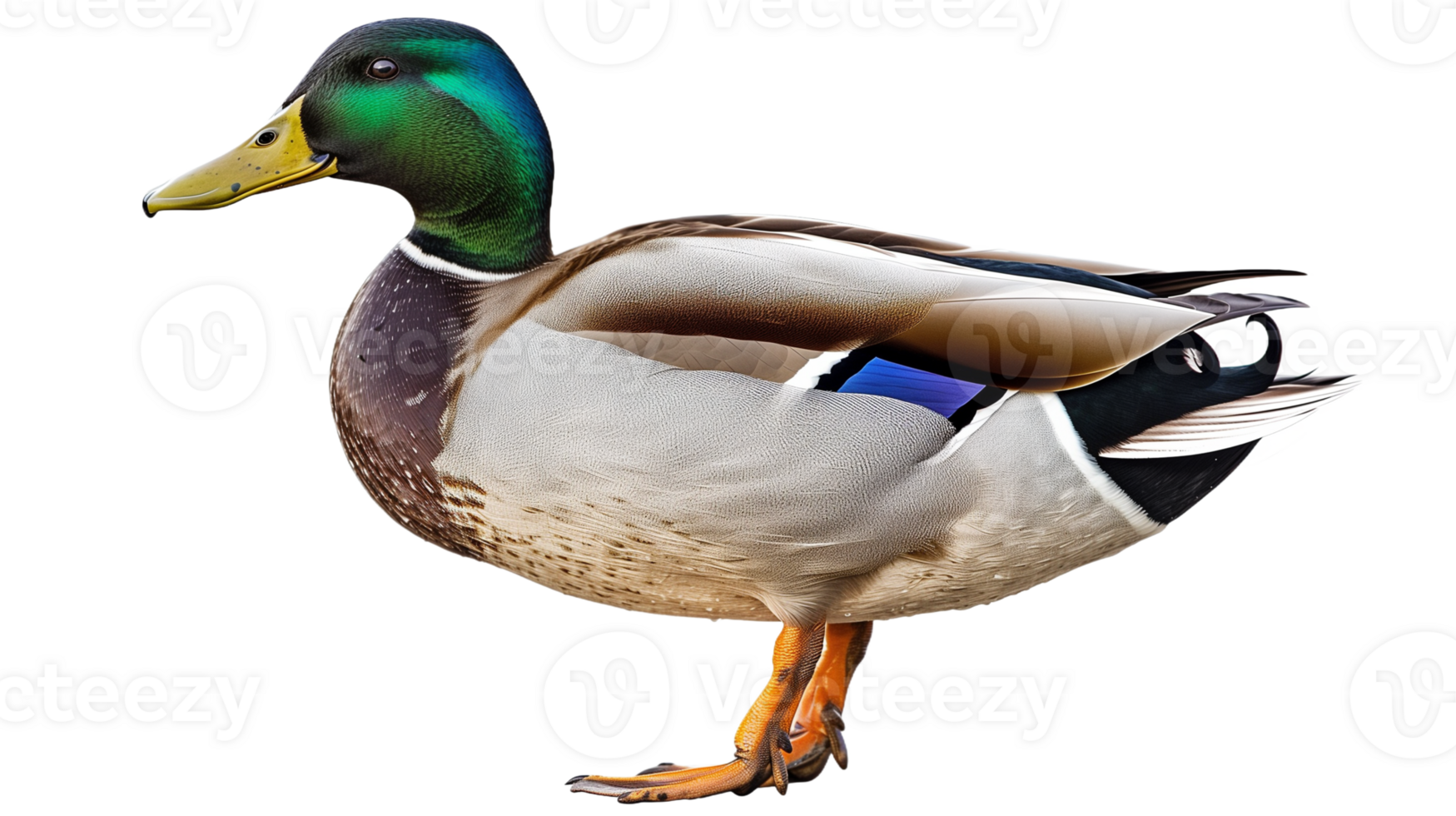 Colorful Male Mallard Duck with Vibrant Green Head and Blue Plumage Patch png