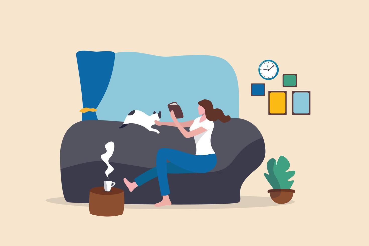 Relaxation lifestyle, comfortable at home or calm, cosy wellbeing or enjoy reading books, positive emotion, chill or reduce anxiety concept, young woman relax reading book while playing with pet. vector