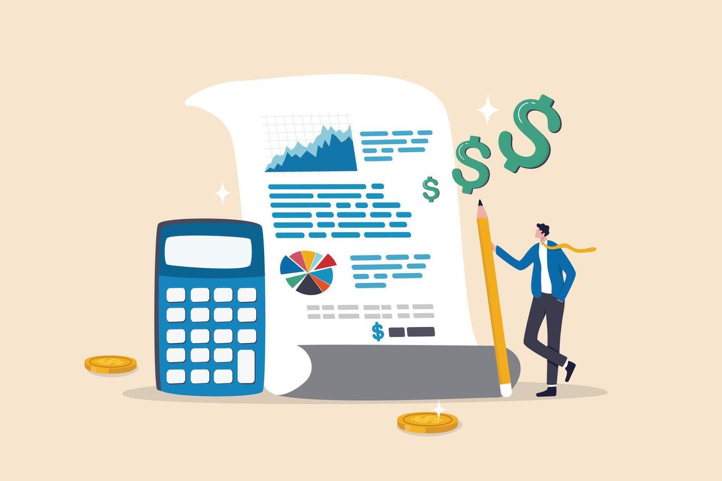 Financial statement, money expense profit and loss report, tax audit chart and graph, calculate budget, financial research or banking document concept, business man with financial statement document. vector