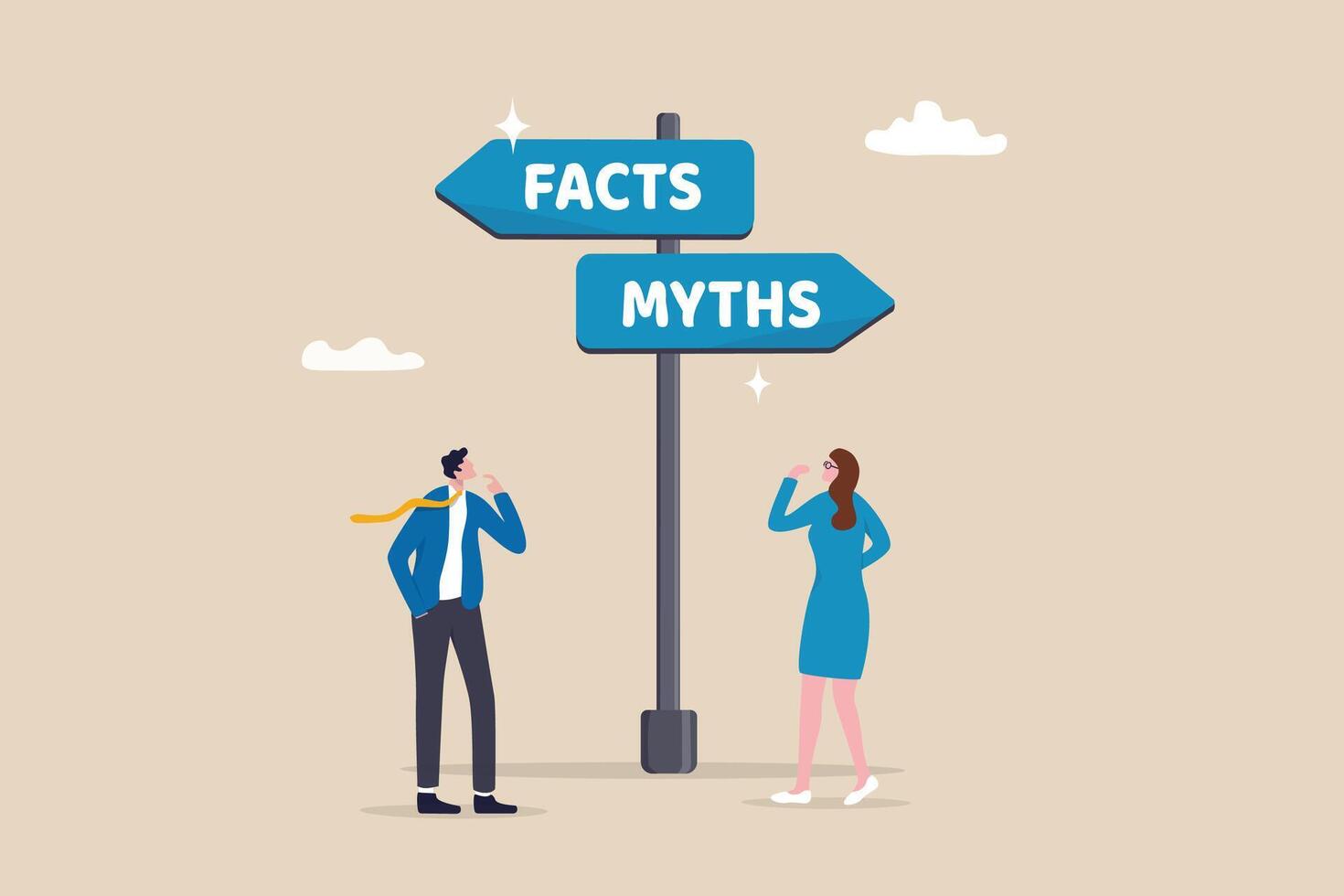 Fact vs Myth, truth or false information to make decision, belief or fiction to choose to believe, trustworthy, fraud or wrong direction concept, business people at Facts vs Myths directional sign. vector