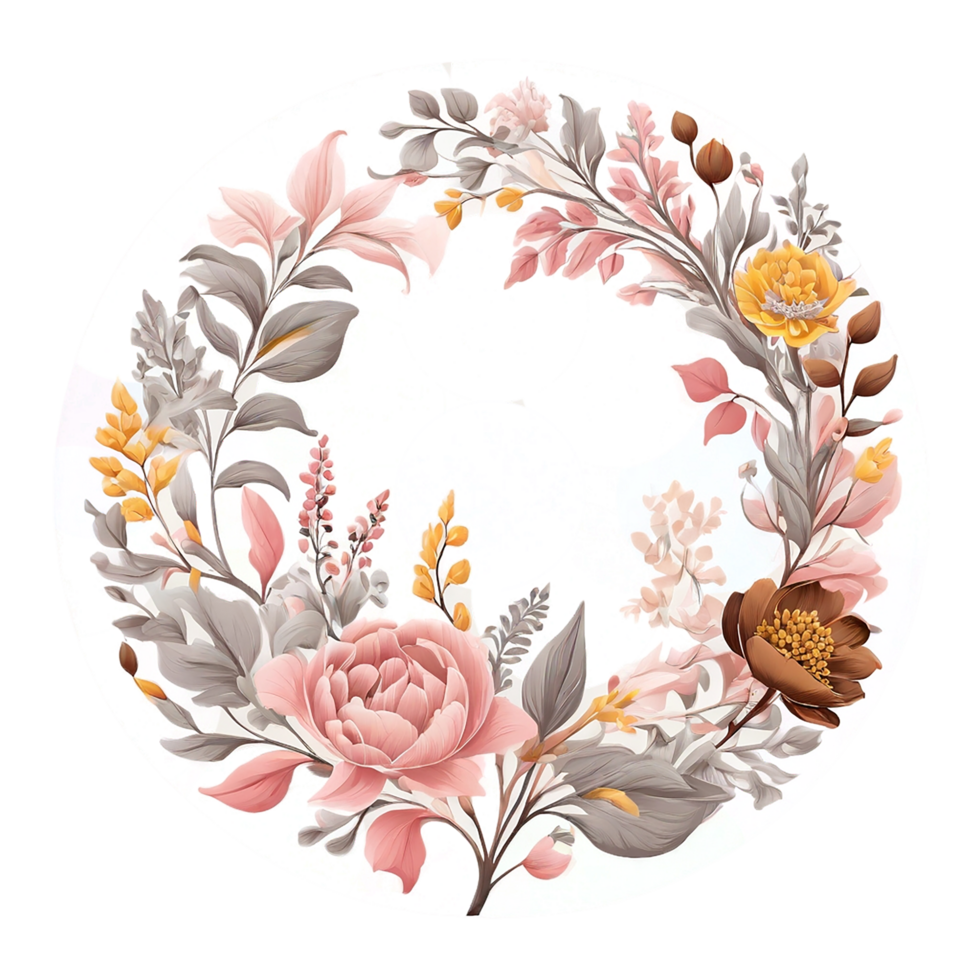 Decorative floral flower round frame design Wedding invitation template in rustic style png