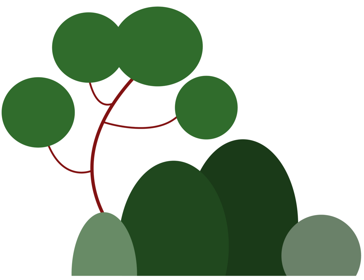 simple flat cartoon bent tree behind a mossy rock isolated element illustration png