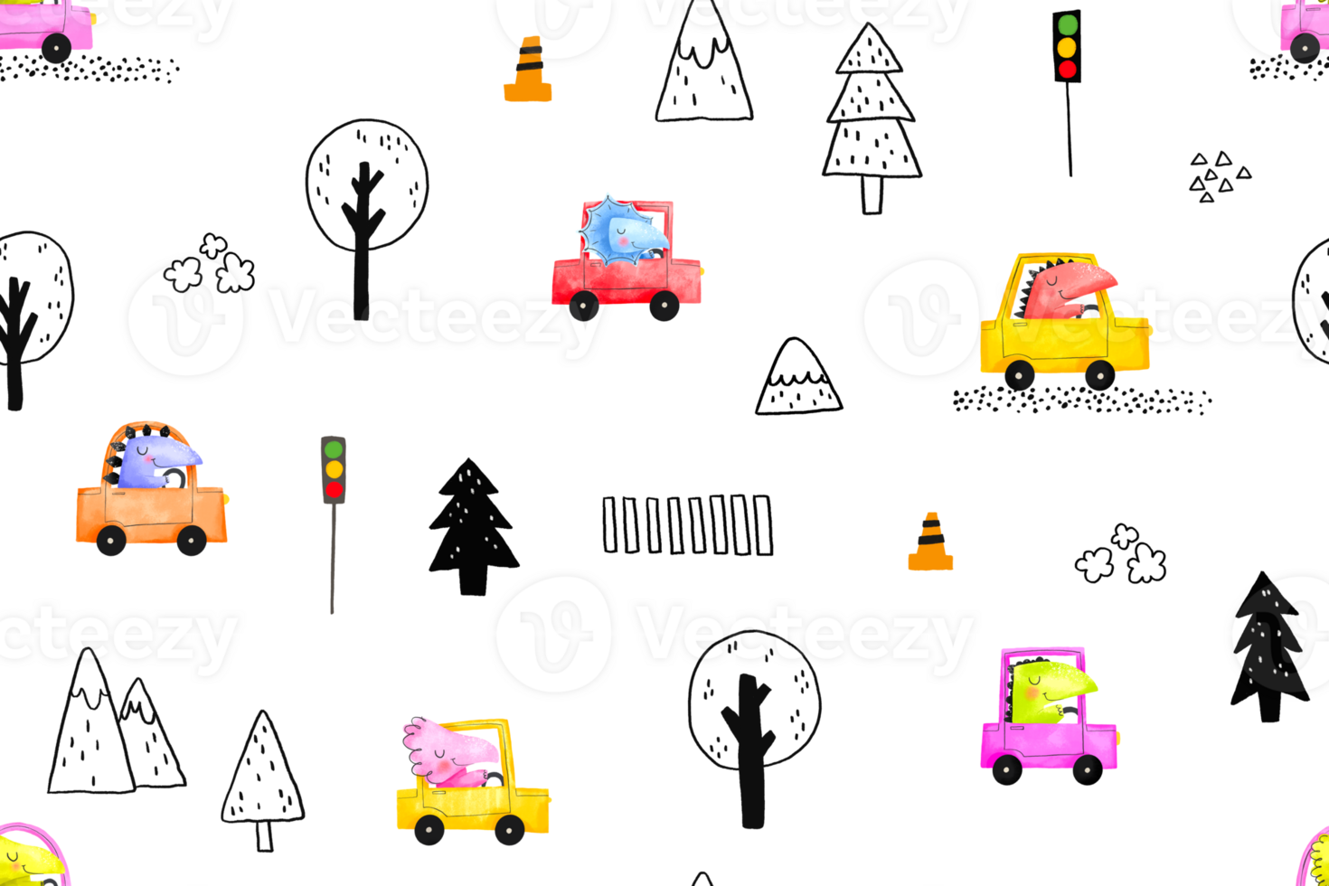 Seamless pattern with hand drawn watercolor dinosaur drivers driving a car. Dinosaur Driver on the road. Road traffic. Children's background png