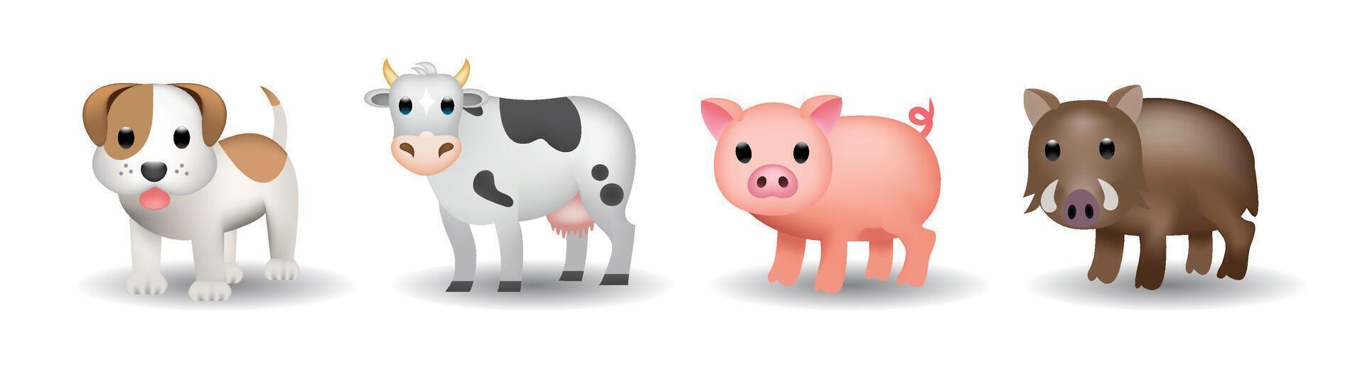 Set of standing animals emoji illustration. Dog, cow, pig, wild boar icon pack isolated on white background. vector