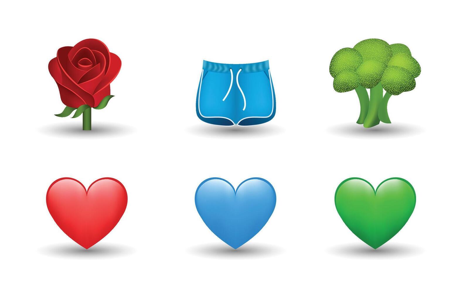 6 Emoticon isolated on White Background. Blue, red and green heart, broccoli, shorts, red rose emoji Illustration. 3d Illustration set. vector