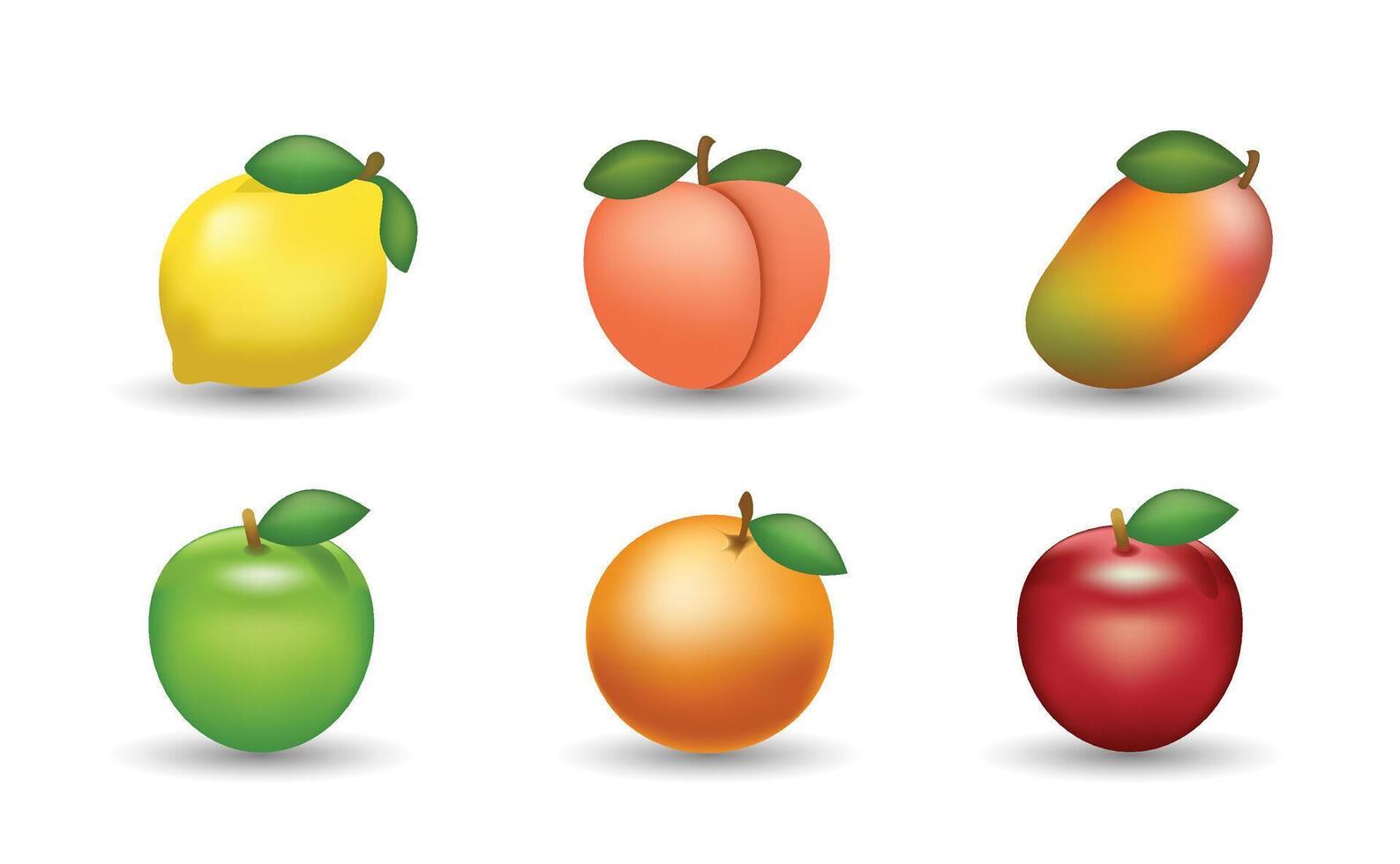 6 Emoticon isolated on White Background. Lemon, peach, mango, green and red apple, orange emoji Illustration. 3d Illustration set. Fruit set vector