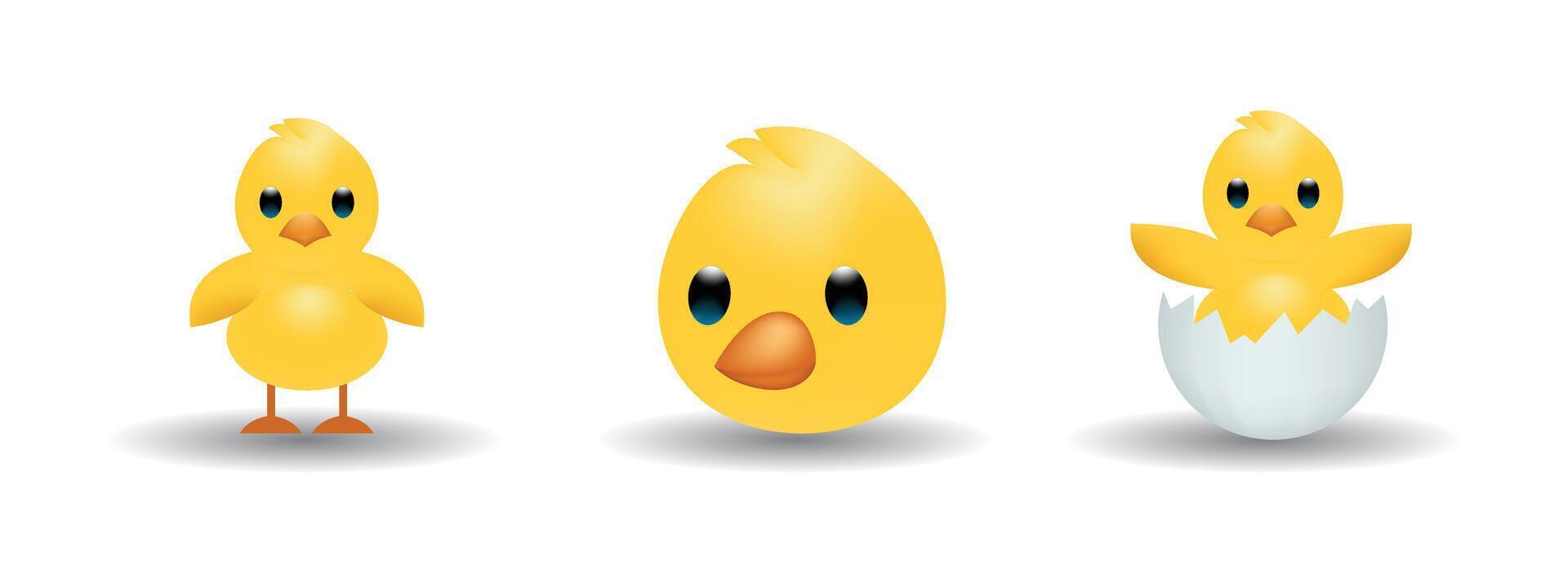 Funny yellow newborn chicken, newborn chicken in broken egg shell, head of chicken emoji illustration isolated on white background. 3d illustration. vector