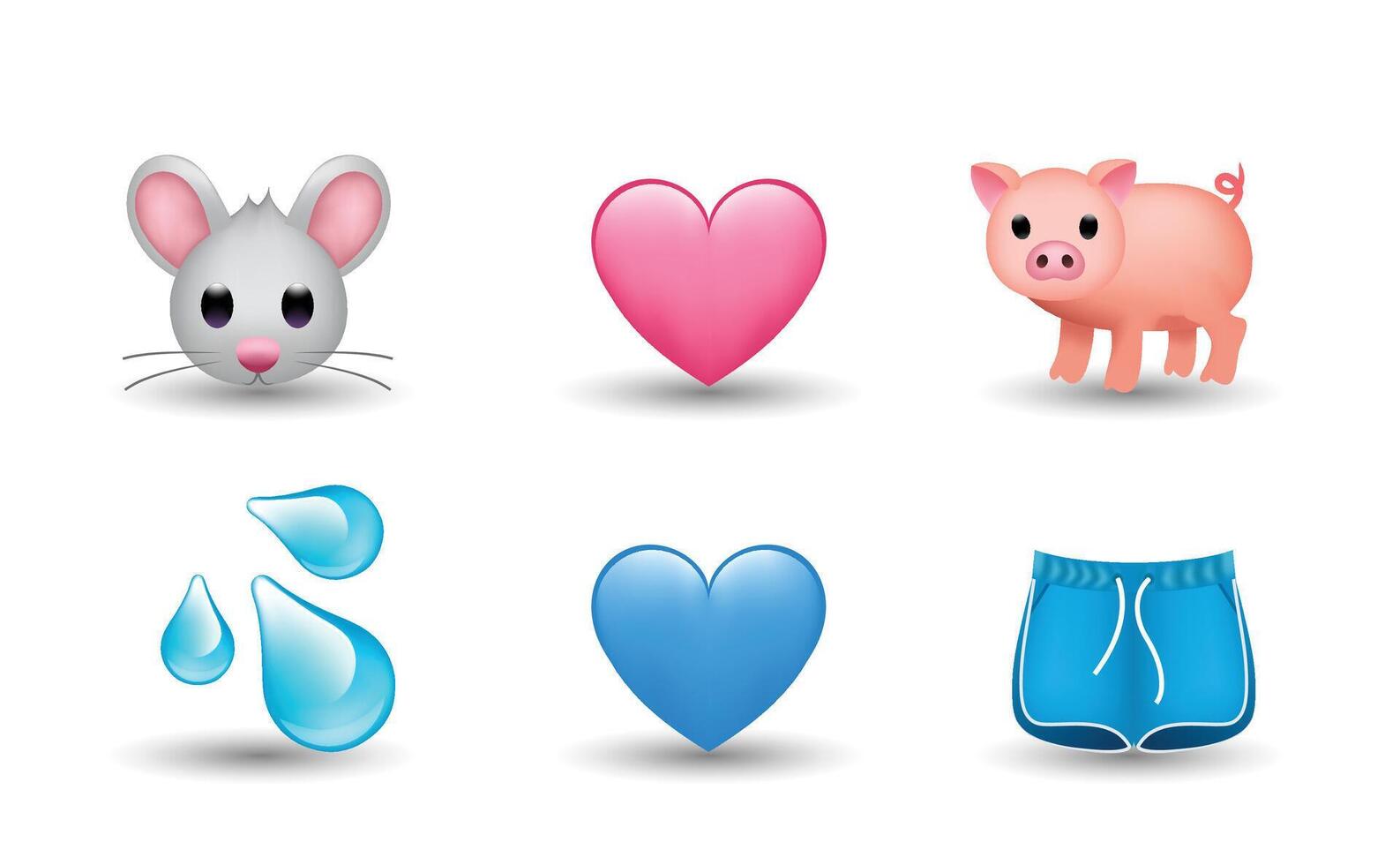 6 Emoticon isolated on White Background. Water drop, mouse, pink and blue heart, pig, shorts emoji Illustration. 3d Illustration set. vector