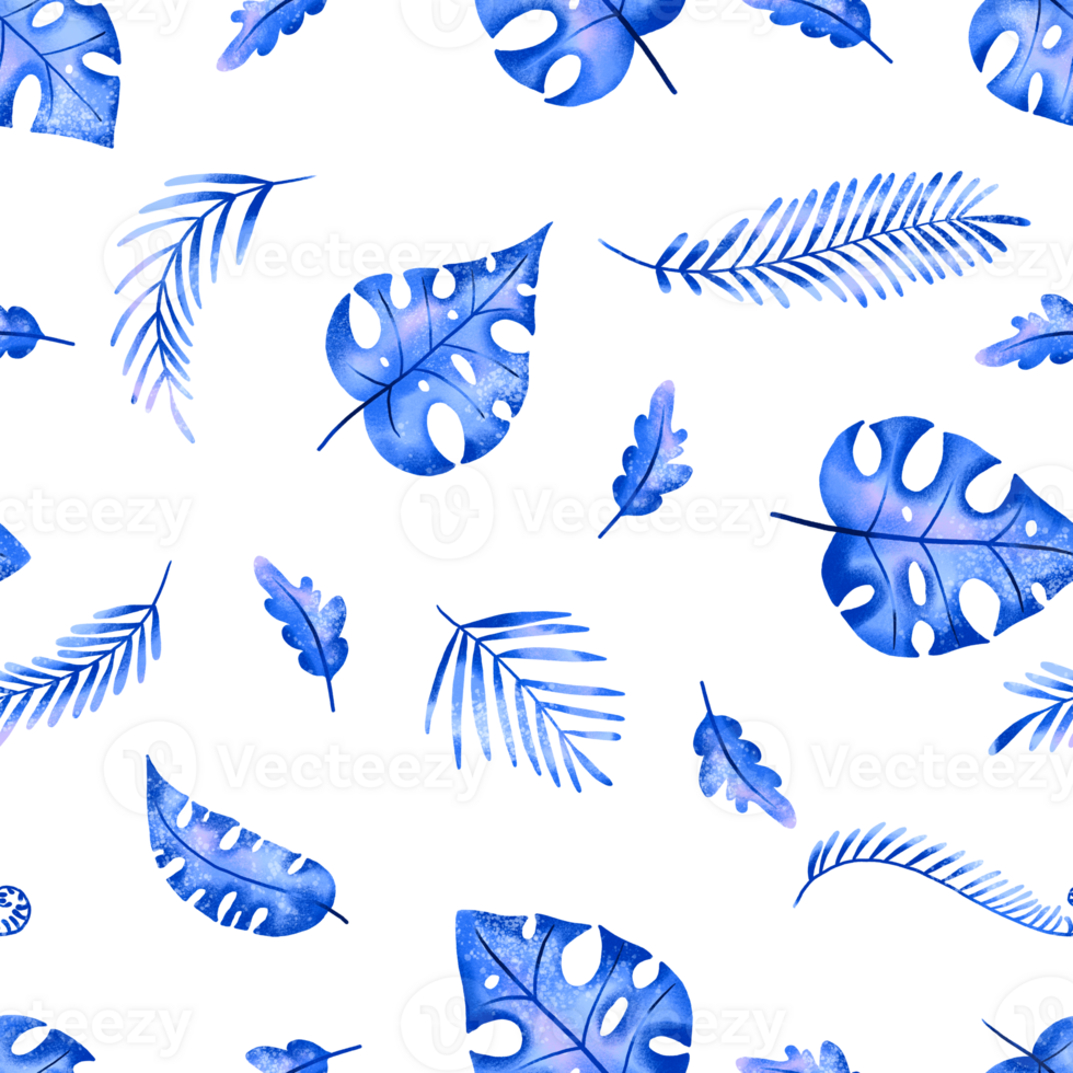 Botanical pattern with blue tropical and jungle leaves. Hand drawn seamless pattern on isolated background png