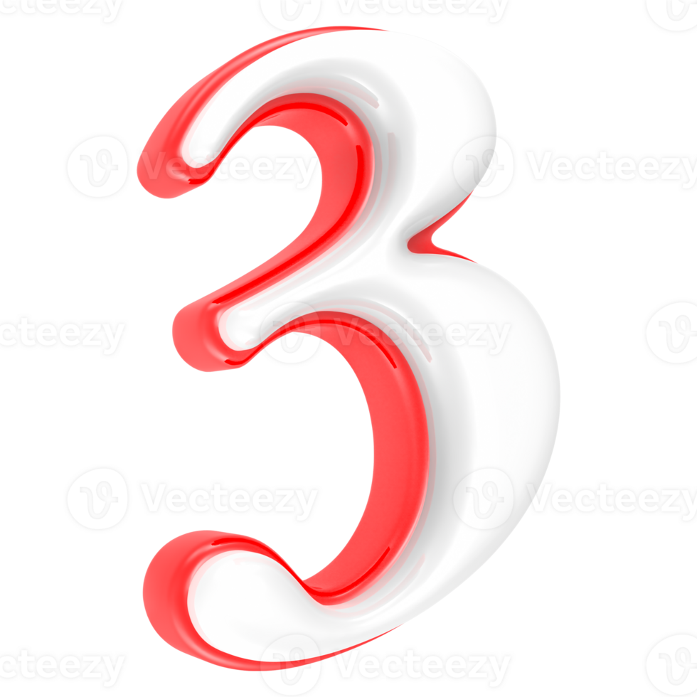 Red Number with White 3D Rendering Number 3 png