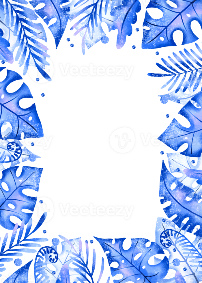 Vertical border frame with blue jungle leaves with palm leaves, monstera, branches. Hand drawn card on isolated background png