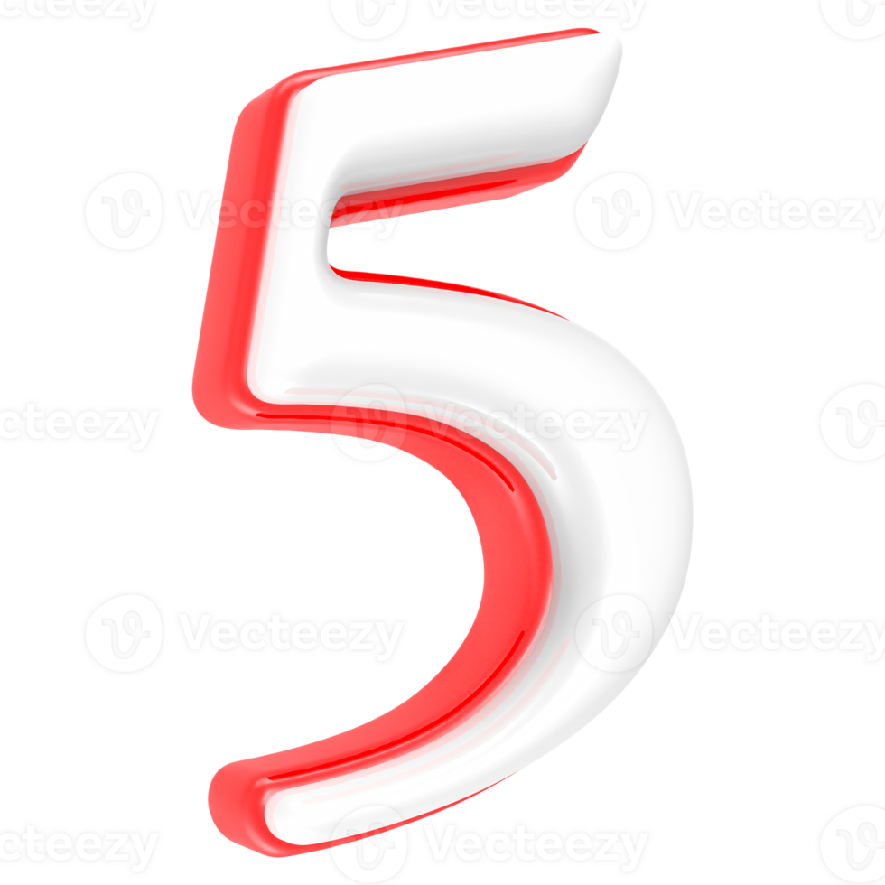 Red Number with White 3D Rendering Number 5 png