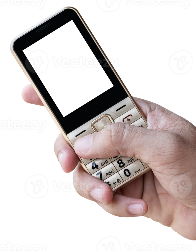 Hand holding golden mobile phone with white display png