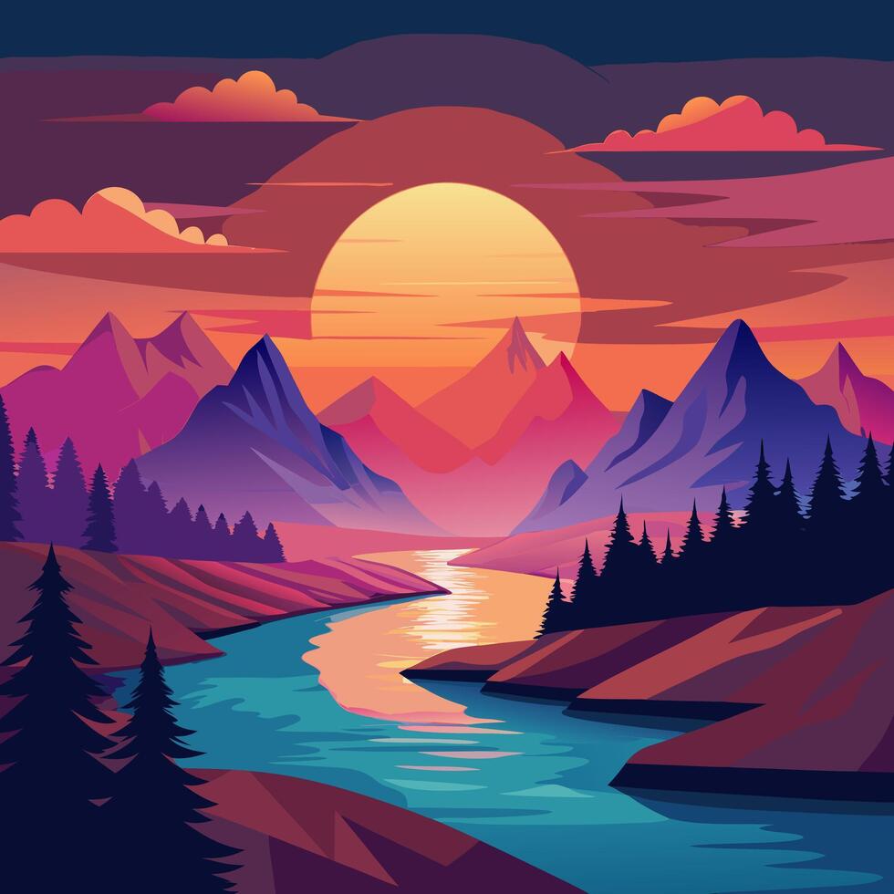 a colorful landscape with mountains and river vector