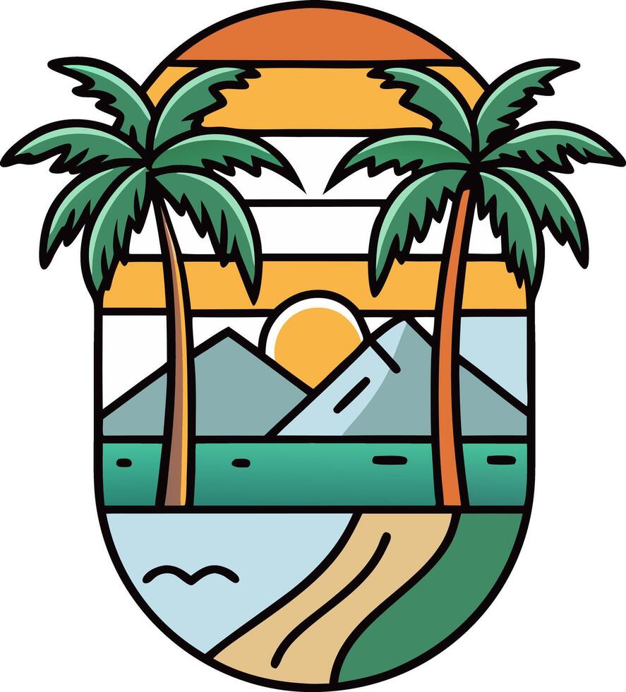 a palm tree and mountain with a sunset in the background vector