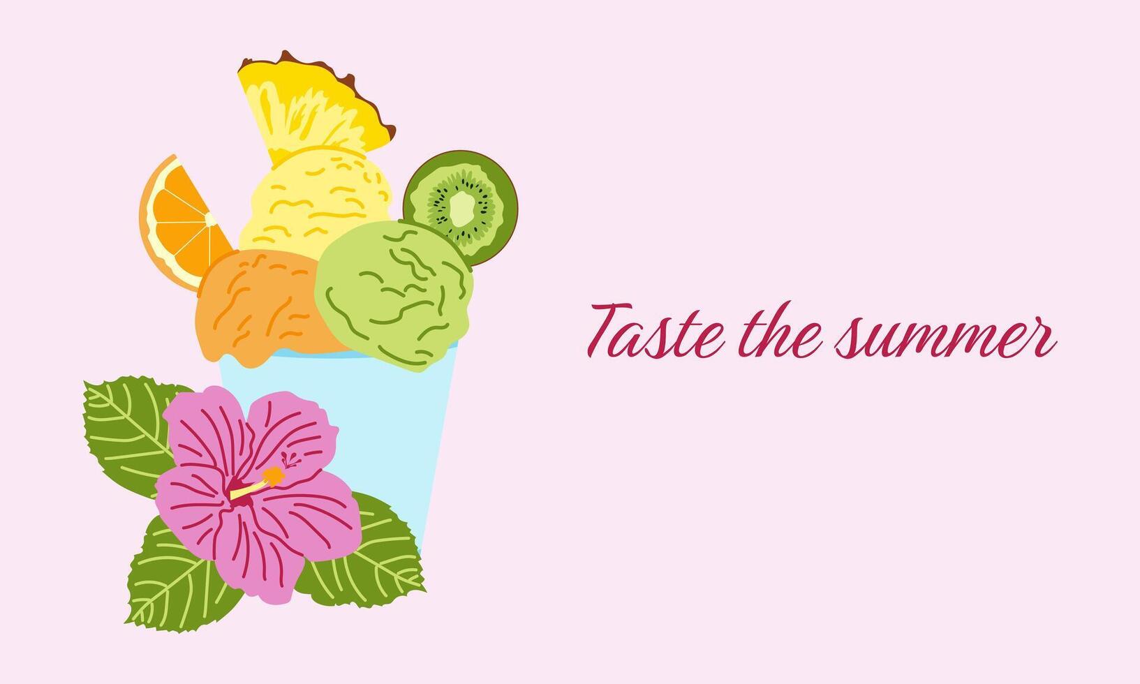 Banner of Taste the Summer with Fruit Ice Cream on a Pink Background vector