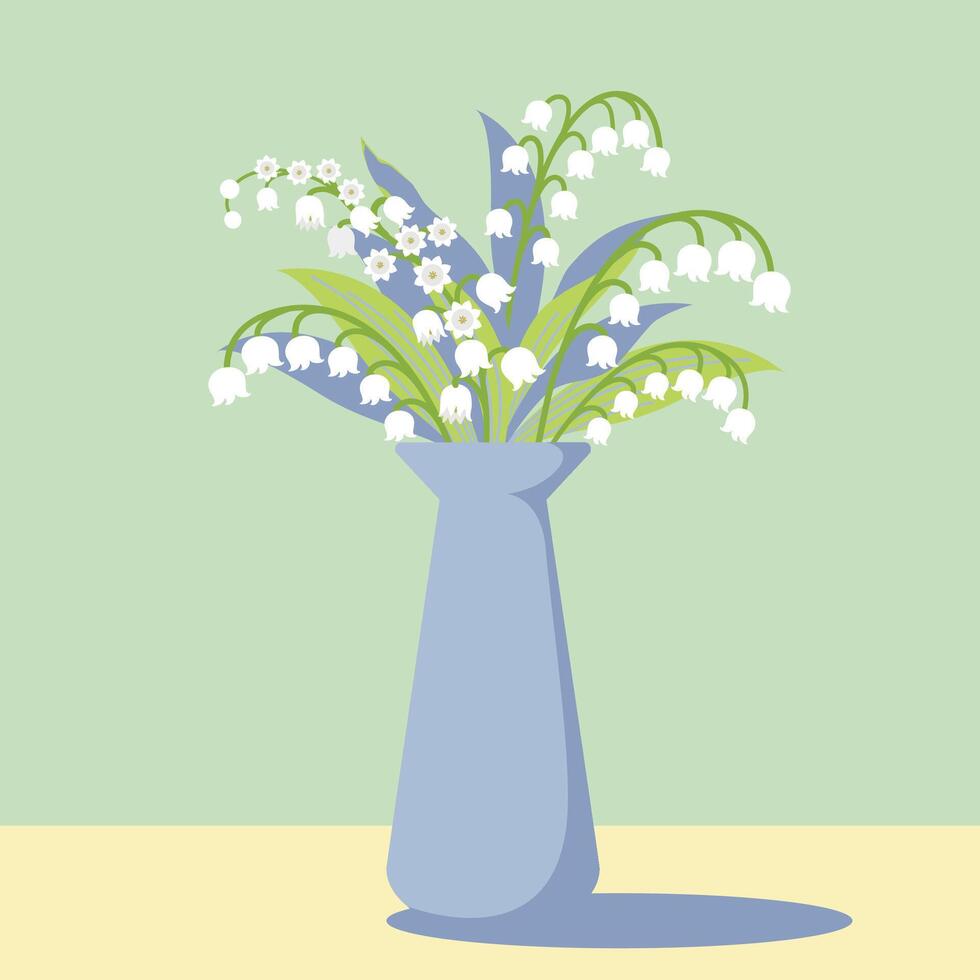 Lily of the valley in blue vase. Flat flower illustration. vector