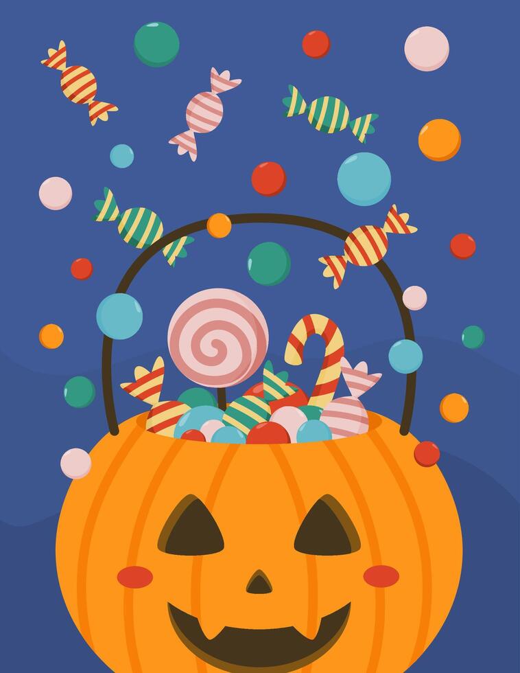 Halloween pumpkin bucket with confetti candy. vector