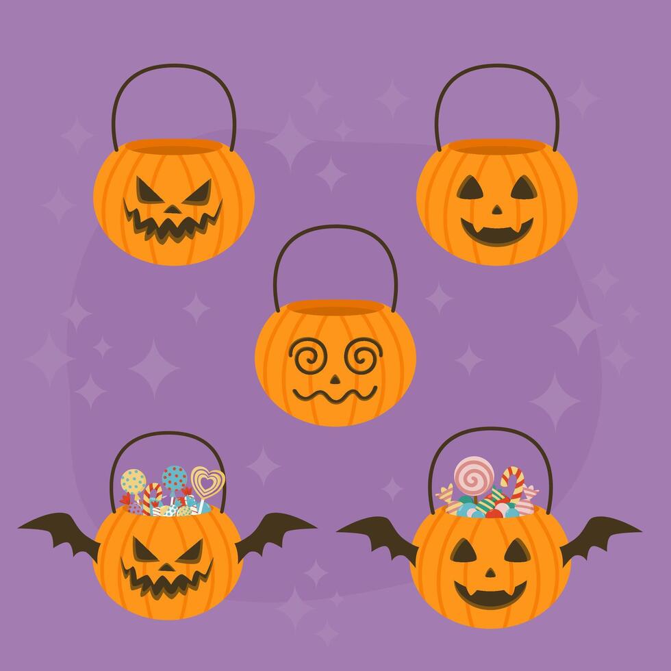 Set of Halloween pumpkin buckets. Flat design. vector