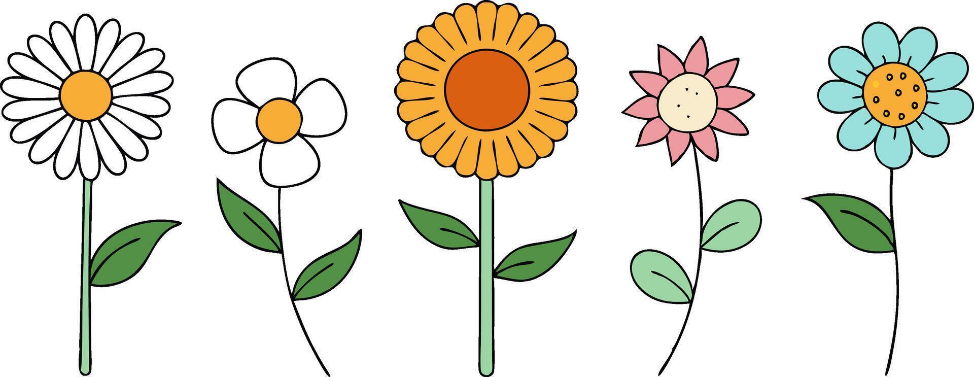 Hand Drawn Line Flowers Set vector