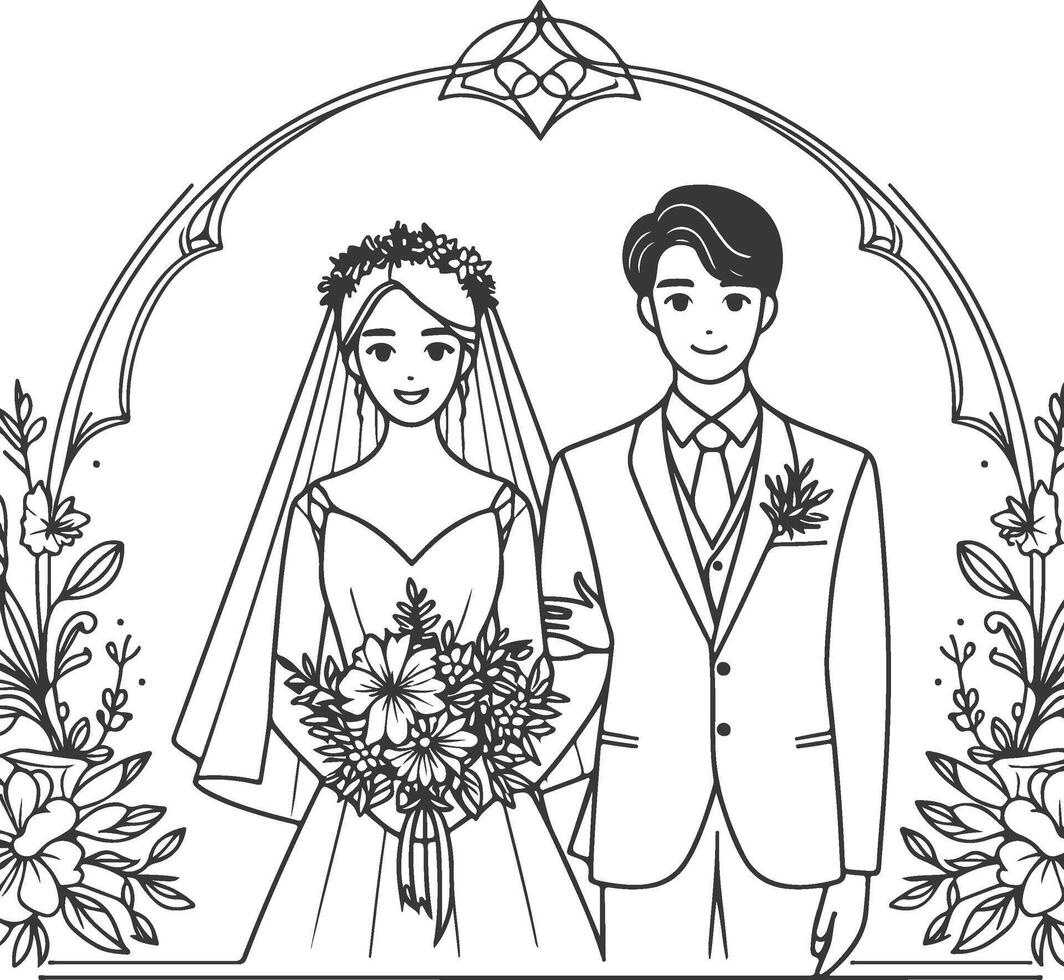 Continuous one line drawing of a wedding couple illustration. vector