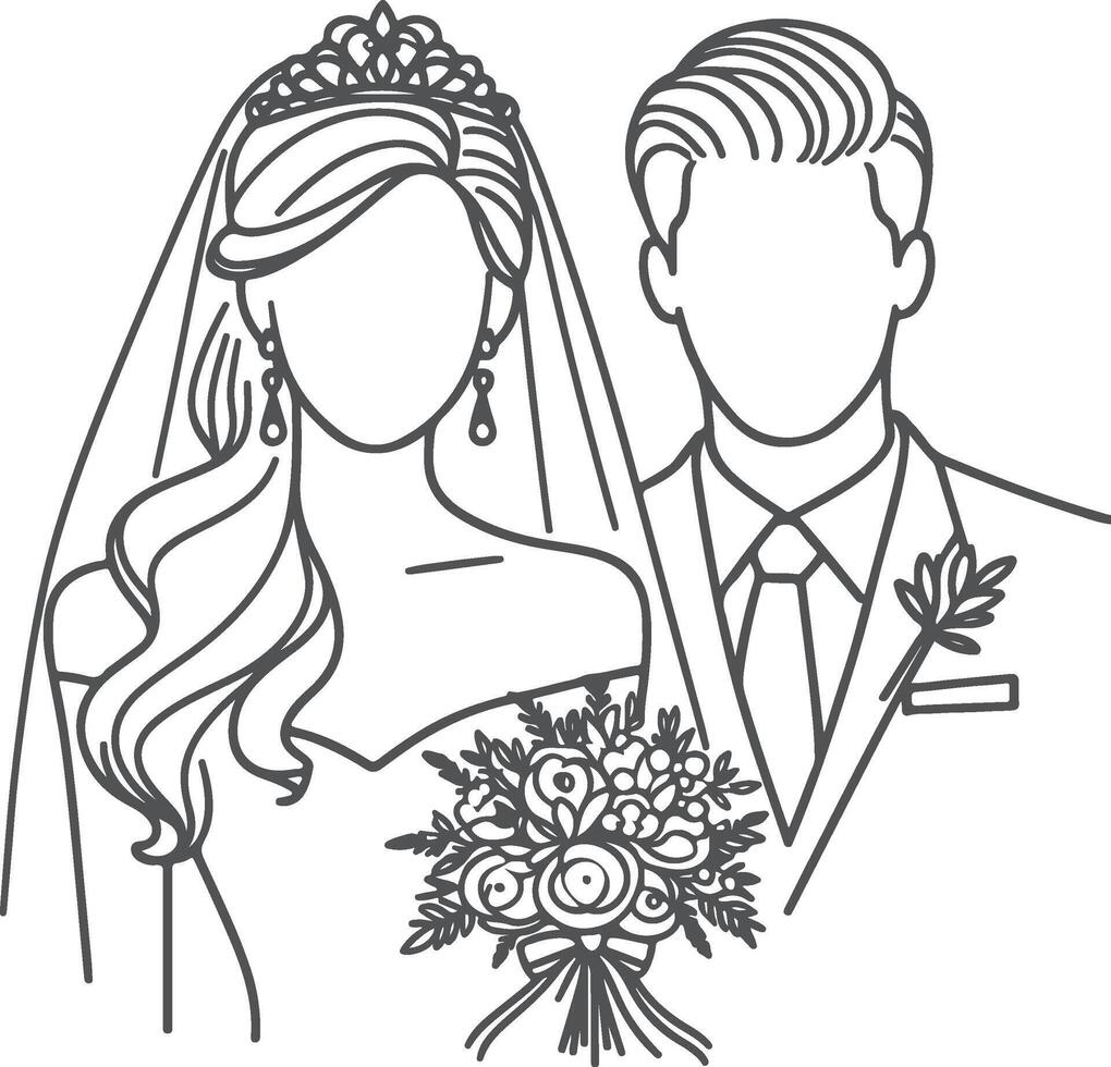 Continuous one line drawing of a wedding couple illustration. vector
