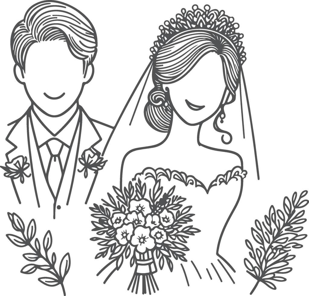 Continuous one line drawing of a wedding couple illustration. vector