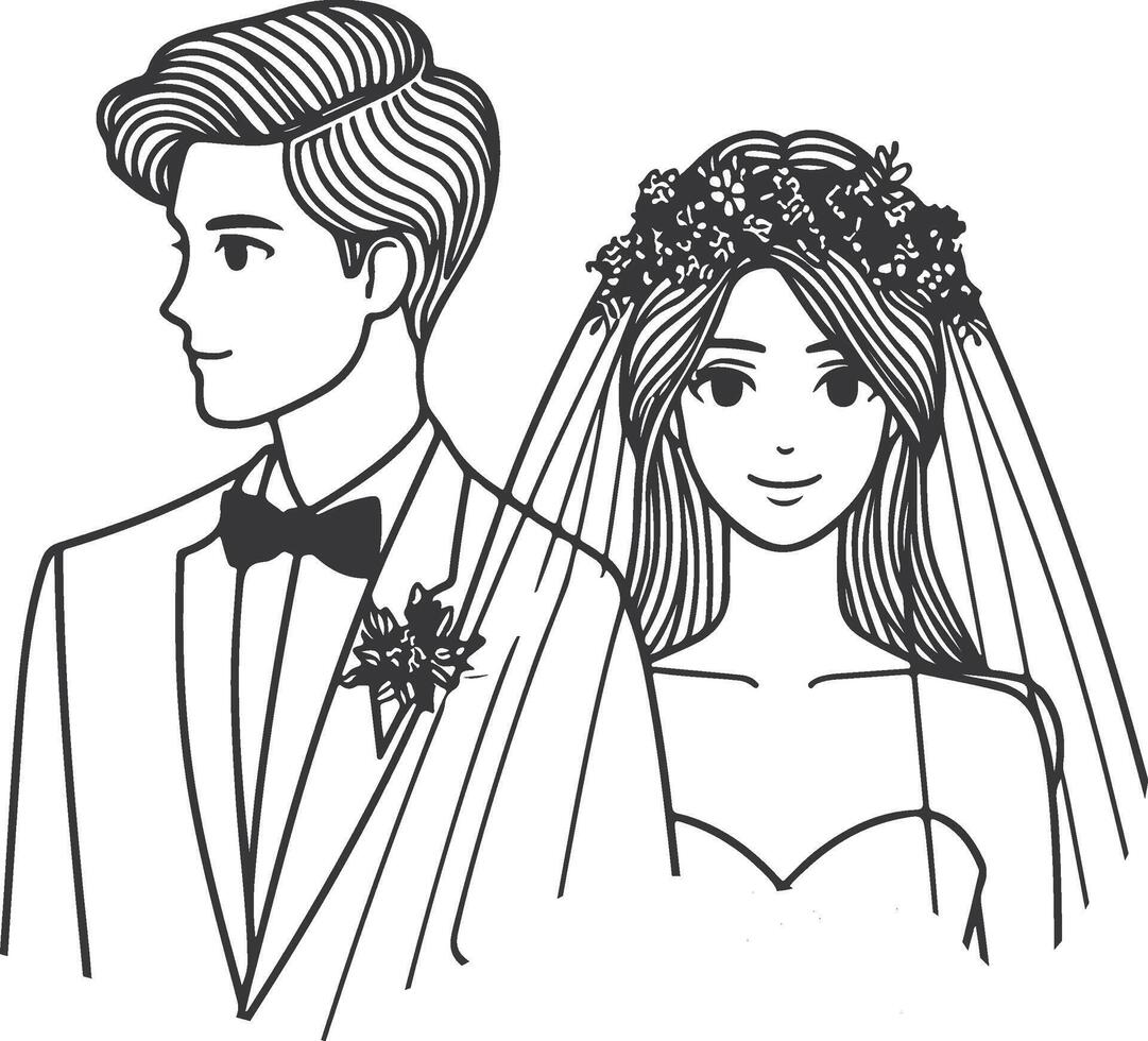 Continuous one line drawing of a wedding couple illustration. vector