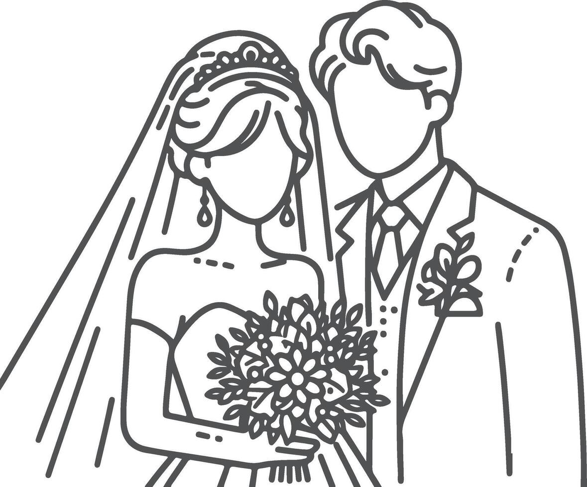 Continuous one line drawing of a wedding couple illustration. vector
