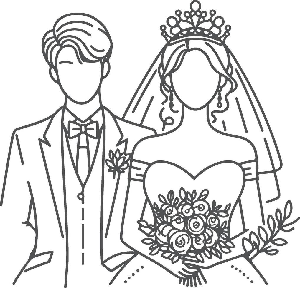 Continuous one line drawing of a wedding couple illustration. vector