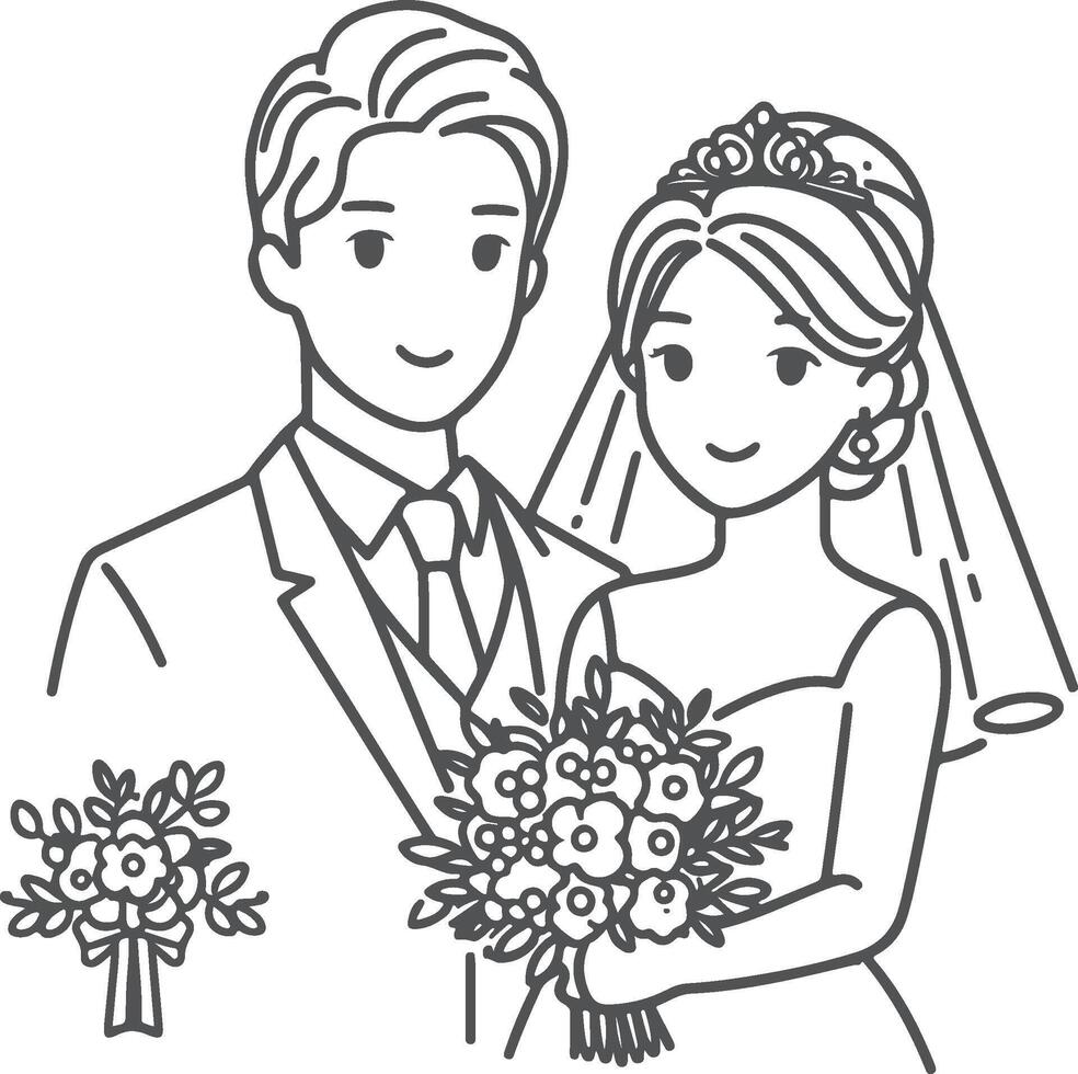 Continuous one line drawing of a wedding couple illustration. vector