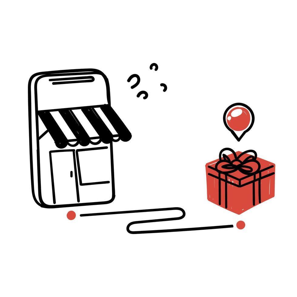 hand drawn doodle mobile store send gift box to gps location illustration vector