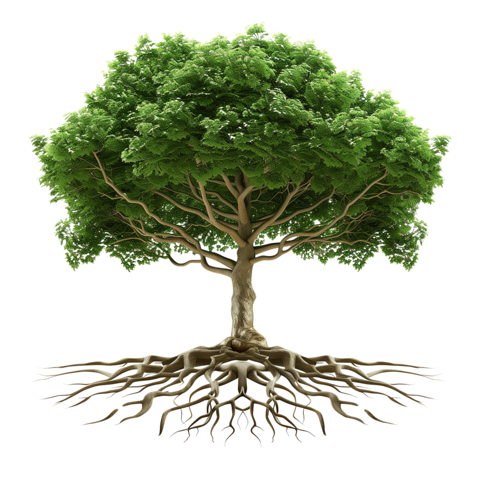 A vibrant green tree with intricate roots, isolated on a transparent background png