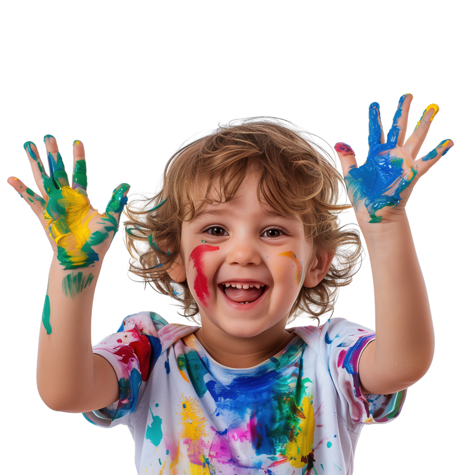 A young child with a joyful expression, hands held up and covered in various paint colors isolated on a transparent background png