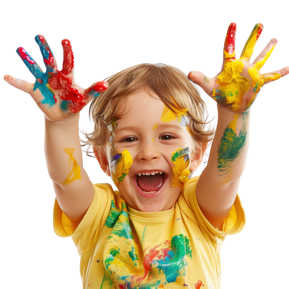 A young child with a joyful expression, hands held up and covered in various paint colors isolated on a transparent background png