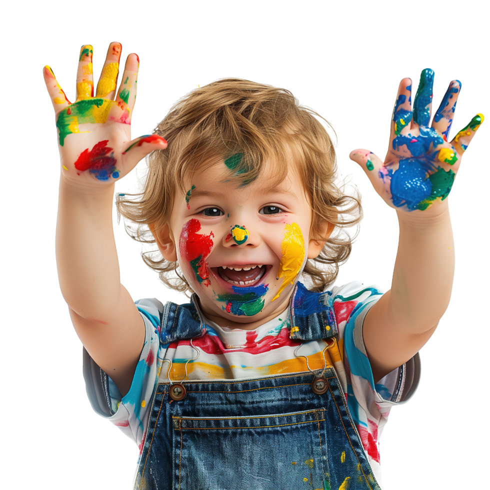 A young child with a joyful expression, hands held up and covered in various paint colors isolated on a transparent background png