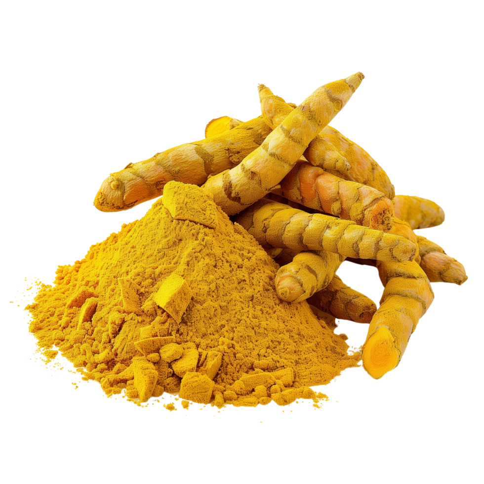 Clear and sharp focus close-up of fresh Curcuma longa roots beside a pile of turmeric powder isolated on a transparent background png