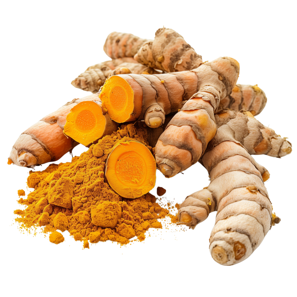 Clear and sharp focus close-up of fresh Curcuma longa roots beside a pile of turmeric powder isolated on a transparent background png