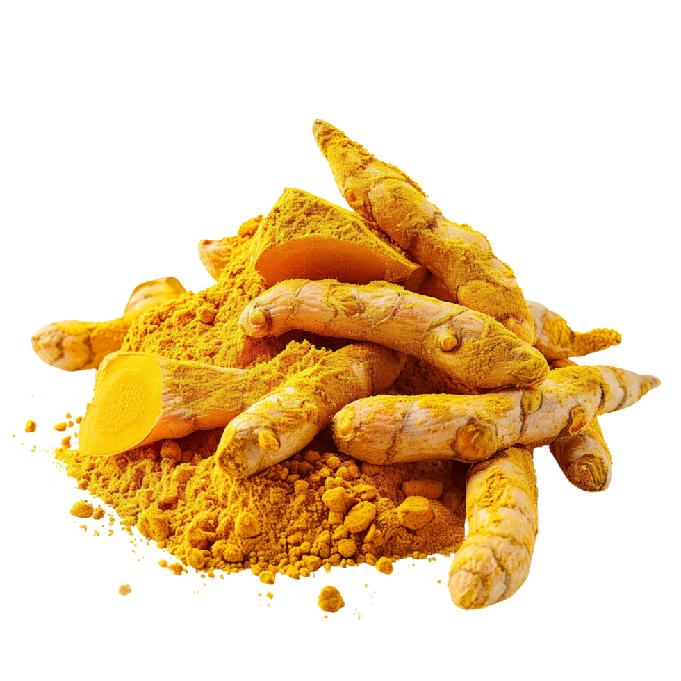 Clear and sharp focus close-up of fresh Curcuma longa roots beside a pile of turmeric powder isolated on a transparent background png